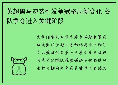 英超黑马逆袭引发争冠格局新变化 各队争夺进入关键阶段