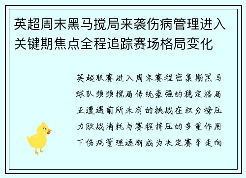 英超周末黑马搅局来袭伤病管理进入关键期焦点全程追踪赛场格局变化